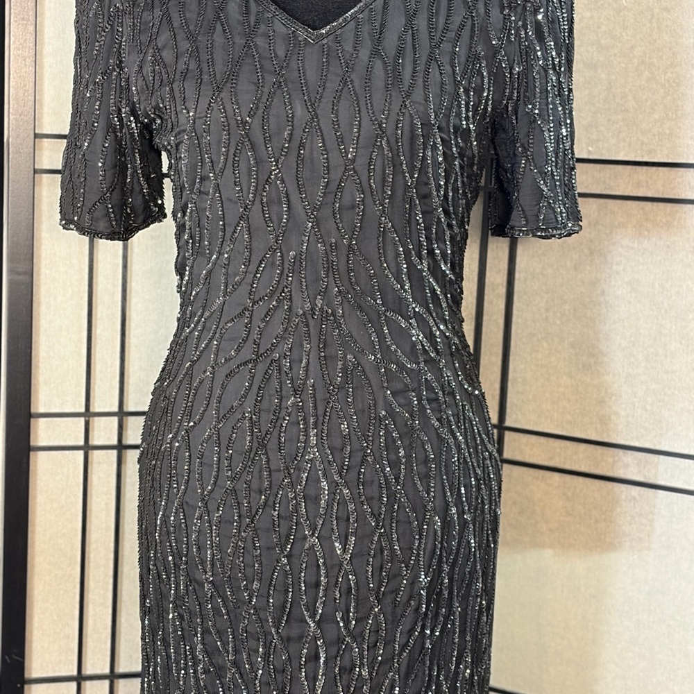 VINTAGE Mark & John By Sam Sz S Black Silk Long Cocktail Dress Sequin *flaws* - Picture 2 of 14